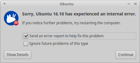 Pop-up dialog: "Sorry, Ubuntu 16.10 has experienced an internal error."